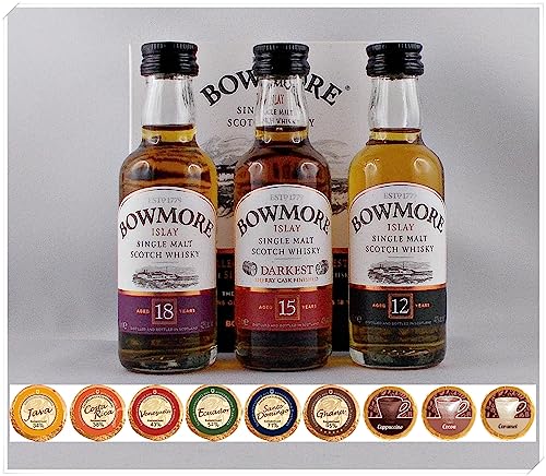 Bowmore 3 Miniaturen 12, 15, 18 Jahre Single Malt Whisky mit 9 Edelschokoladen in 9 Sorten von H-BO