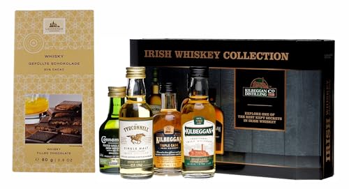 Cooley 4 irische Whiskey Miniaturen Kilbeggan Connemara Tyrconnel + 1 Tafel Whisky Schokolade von H-BO