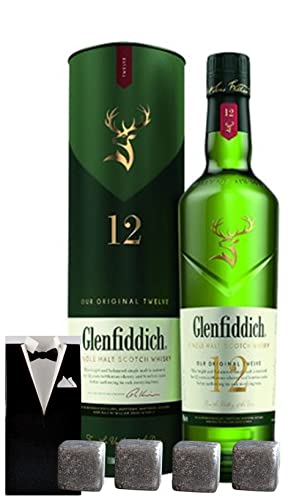 Flasche Glenfiddich 12 Jahre Single Malt Whisky + 4 Whiskey Kühlsteine im Smoking von H-BO