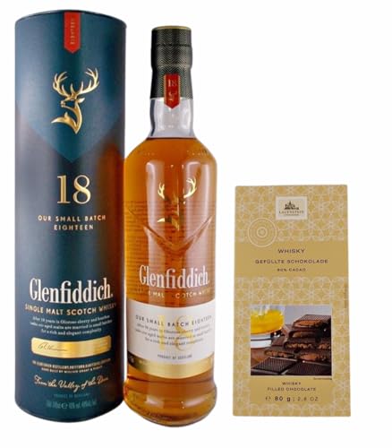 Flasche Glenfiddich 18 Jahre Single Malt Whisky + 1 Tafel gefüllte Schokolade mit Whisky von H-BO