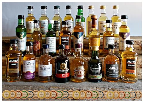 Geschenk 24 Original Whisky Whiskey Premium Miniaturen + 24 Edelschokoladen in 6 Sorten im Geschenkkarton von H-BO