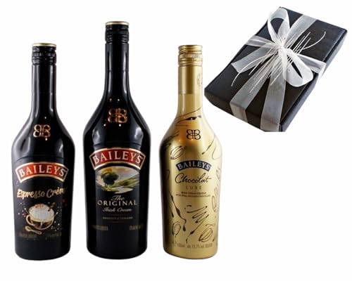 Geschenk 3 Flaschen Baileys Likör: Chocolat Luxe, Original, Espresso in Geschenkverpackung mit Schleife von H-BO