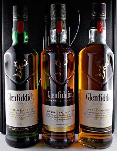 Geschenk 3 Flaschen Glenfiddich 12, 15 und 18 Jahre Single Malt Whisky im Geschenkkarton von H-BO