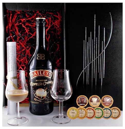 Geschenk Baileys Espresso Creme irischer Likör + 2 Likörgläser + 9 Edelschokoladen in 9 Sorten von H-BO