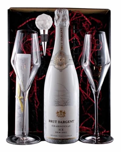 Geschenk Brut Dargent Chardonnay ICE Demi-Sec + Flaschenverschluß + 2 Gläser von H-BO