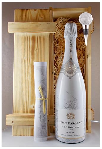 Geschenk Brut Dargent Chardonnay ICE Demi-Sec + Flaschenverschluß in geflammter Holzkiste von H-BO