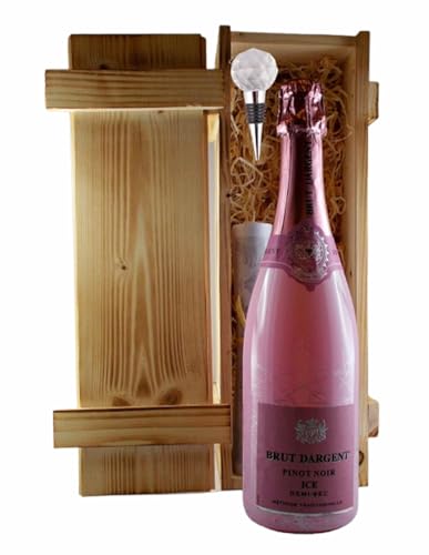 Geschenk Brut Dargent Pinot Noir ICE Demi-Sec + Flaschenverschluß in geflammter Holzkiste von H-BO