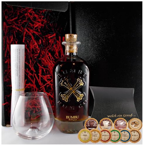 Geschenk Bumbu Original Barbados Rum + 1 Rum Glas + 10 Edelschokoladen in 10 Sorten von H-BO