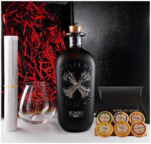 Geschenk Bumbu XO 18 Jahre 700ml Rum + 1 Rum Glas + 10 Edelschokoladen in 10 Sorten von H-BO