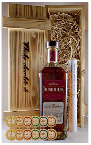 Geschenk Bushmills 16 Jahre irischer Single Malt Whiskey + 12 Edelschokoladen in Holzkiste von H-BO