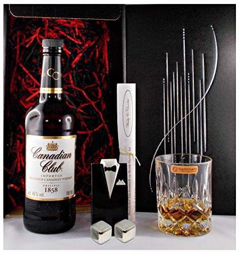 Geschenk Canadian Club Kanadischer Whisky + Whiskey Glas + 2 Edelstahl Kühlsteine von H-BO