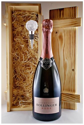 Geschenk Champagner Bollinger Rosè + Flaschenverschluß in geflammter Holzkiste von H-BO