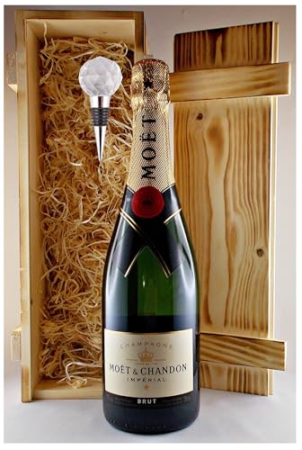 Geschenk Champagner Moet & Chandon Brut Impèrial + Flaschenverschluß in geflammter Holzkiste von H-BO