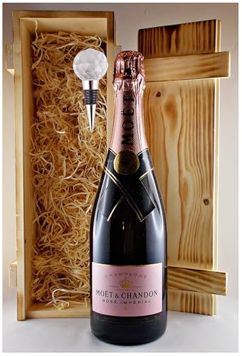 Geschenk Champagner Moet & Chandon Rosé Imperial + Flaschenverschluß in geflammter Holzkiste von H-BO