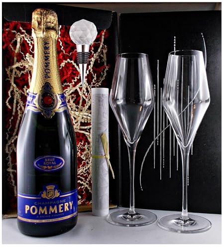 Geschenk Champagner Pommery Brut Royal + Flaschenverschluß + 2 Champagergläser von H-BO