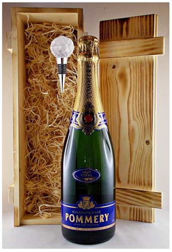 Geschenk Champagner Pommery Brut Royal + Flaschenverschluß in geflammter Holzkiste von H-BO