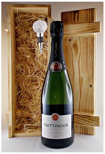 Geschenk Champagner Taittinger Brut + Flaschenverschluß in geflammter Holzkiste von H-BO