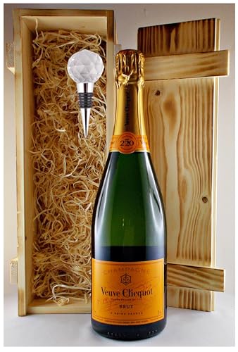 Geschenk Champagner Veuve Clicqout Brut Yellow + Flaschenverschluß in geflammter Holzkiste von H-BO