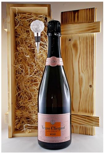 Geschenk Champagner Veuve Clicquot Rosè + Flaschenverschluß in geflammter Holzkiste von H-BO