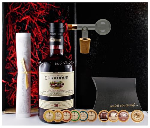 Geschenk Edradour 10 Jahre Single Malt Whisky + Glaskugelportionierer + Edelschokoladen von H-BO