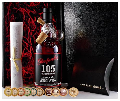 Geschenk Glenfarclas 105 Single Malt Whisky + Glaskugelportionierer + Edelschokoladen von H-BO