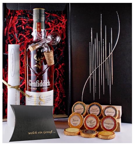 Geschenk Glenfiddich 18 Jahre Single Malt Whisky + Glaskugelportionierer + Edelschokoladen von H-BO