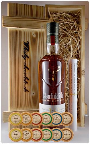 Geschenk Glenfiddich 18 Jahre Single Malt Whisky Whisky + 12 Edelschokoladen in 6 Sorten in Holzkiste von H-BO