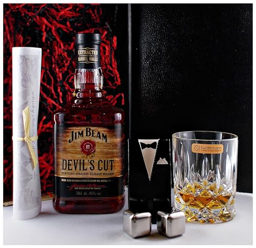 Geschenk Jim Beam Devil`s Cut Bourbon Whiskey + Kristall Glas + 2 Whisky Kühlsteine von H-BO