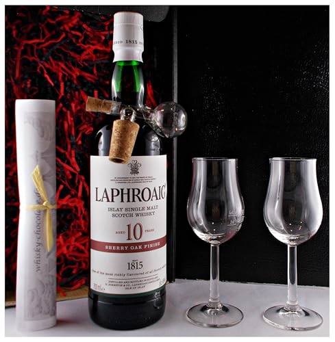 Geschenk Laphroaig 10 Jahre sherry oak Islay Single Malt Whisky + Glaskugelportionierer + 2 Bugatti Gläser von H-BO