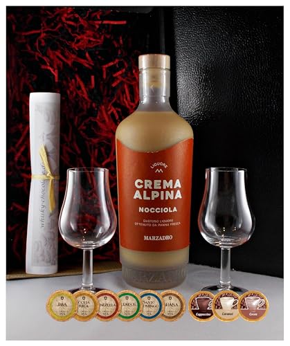 Geschenk Marzadro Crema Alpina Nocciola Haselnuss Likör + 2 Likörgläser + 9 Edelschokoladen von H-BO