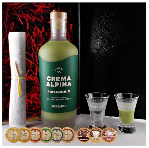 Geschenk Marzadro Crema Alpina Pistacchio Likör + 2 Original Gläser mit Aufschrift + 9 Edelschokoladen von H-BO