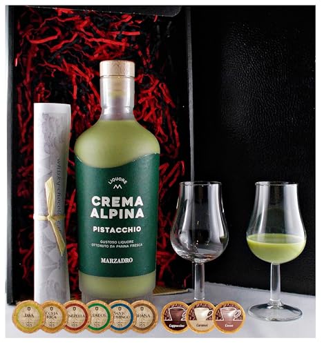 Geschenk Marzadro Crema Alpina Pistacchio Likör + 2 Likörgläser + 9 Edelschokoladen von H-BO