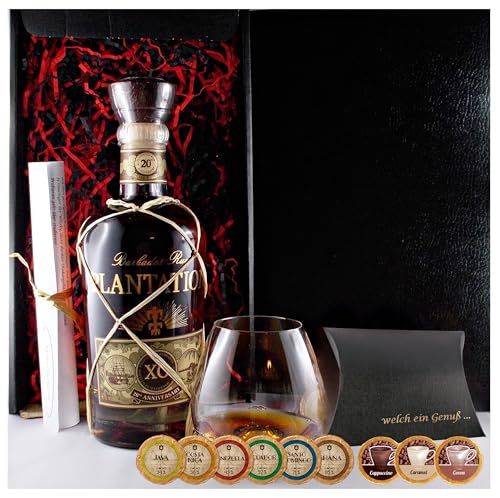 Geschenk Plantation Extra Old Anniversary Rum + 1 Rum Glas + 9 Edelschokoladen in 9 Geschmacksvariationen von H-BO