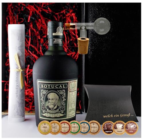 Geschenk Ron Botucal Rum + Glaskugelportionierer + 9 Edelschokoladen in 9 Sorten von H-BO