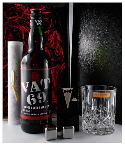 Geschenk VAT 69 Scotch Whisky + Glas Nachtmann + 2 Whiskey Kühlsteine von H-BO