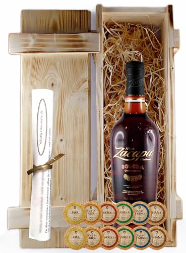 Geschenk Zacapa Centenario Solera Gran Reserva Rum +12 Edelschokoladen in geflammter Holzkiste von H-BO