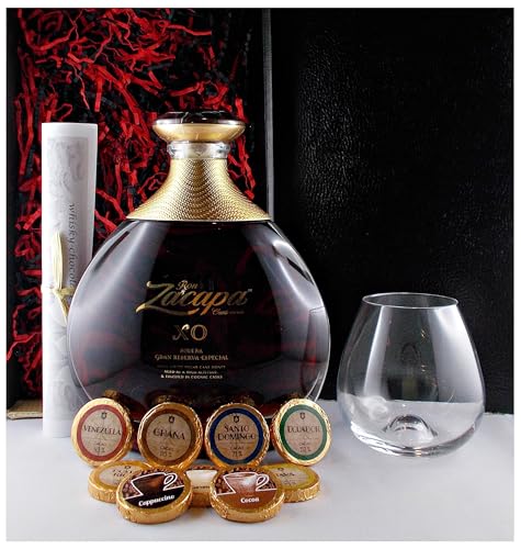 H-BO Geschenk Zacapa Ron Centenario XO Solera Rum + 1 Rhum Glas + 9 Edelschokoladen in 9 Sorten von H-BO