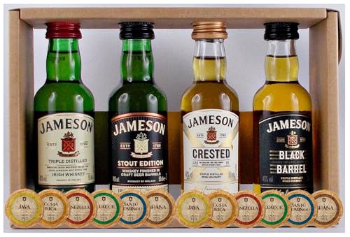 JAMESON MINIATUR COLLECTION - 4X 50ML - IRISCHER WHISKEY + 12 Edelschokoladen DreiMeister von H-BO