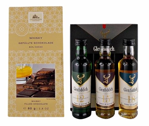 Miniaturen Glenfiddich Single Malt Whisky, 3 Flaschen je 50ml + 1 Tafel Whisky Schokolade von H-BO