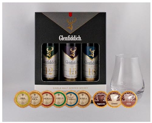 Miniaturen Glenfiddich Single Malt Whisky, 3 Flaschen je 50ml + Glas + 9 Edelschokoladen in 9 Sorten von H-BO