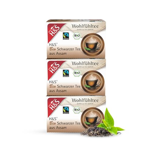 H&S Bio Schwarzer Tee aus Assam, 3 x 20 Beutel (à 1,8 g): 100% Bio Fair Trade Schwarztee, 3er Pack von H & S