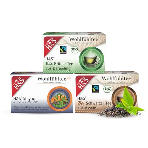 H&S Fokus-Bundle: H&S Stay up mit Vitamin C und B6, H&S Bio Grüner Tee aus Darjeeling und H&S Bio Schwarzer Tee aus Assam für Energie und Konzentration, 3 x 20 Beutel von H & S