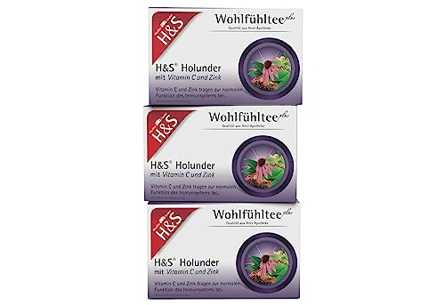 H&S Holunder mit Vitamin C und Zink Tee, 3 x 20 Beutel (à 2,5 g): Süßlich-natürlicher Früchtetee mit Holunder und Echinacea mit wertvollen Zusatzstoffen von H & S