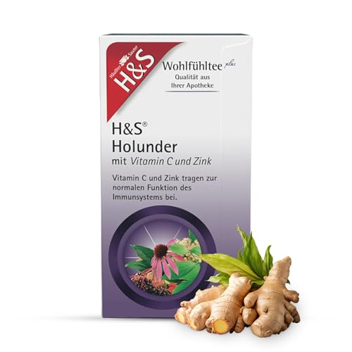 H&S Holunder mit Vitamin C und Zink Tee: Süßlich-natürlicher Früchtetee mit Holunder und Echinacea mit wertvollen Zusatzstoffen, 20 x 2,5 g von H & S