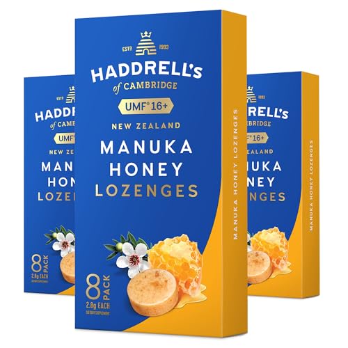 Haddrell's of Cambridge Lozenges 3er Pack – 24 Manuka Honig Lutschpastillen á 2,8g – Mit 90% Manuka Honig 550+ MGO (UMF 16+) – Wohltuende Bonbons mit Methylglyoxial aus Neuseeland für Hals & Rachen von HADDRELLS OF CAMBRIDGE