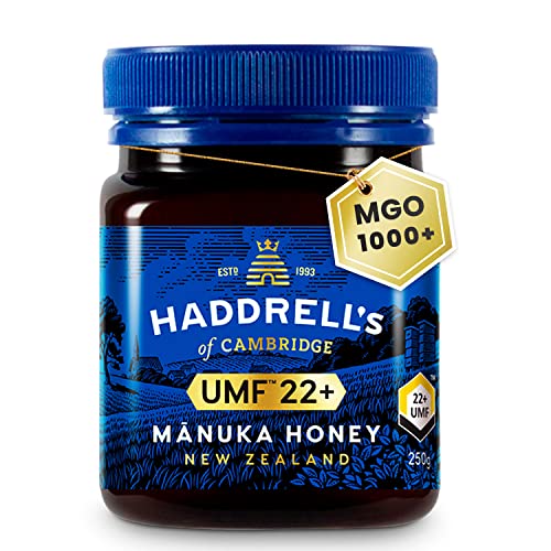 Haddrell's of Cambridge bis zu Manuka Honig MGO 1000 (UMF 22+) 250g – Zertifizierter Manukahonig aus Neuseeland – Reich an Methylglyoxal – Nachhaltig, roh und mit hohem MGO – Honig in Premium-Qualität von HADDRELLS OF CAMBRIDGE