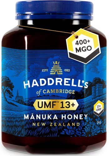 Haddrell's of Cambridge Manuka Honig 400+ MGO (UMF 13+) 1KG – Zertifizierter Manukahonig aus Neuseeland – Reich an Methylglyoxal – Nachhaltig, roh und mit hohem MGO-Gehalt – Honig in Premium-Qualität von HADDRELLS OF CAMBRIDGE