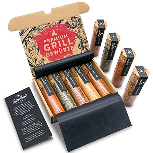 TIMBER TASTE® Grill Gewürze Geschenkset Männer | 5 erlesene BBQ Grillgewürze inkl. Rezepte | Grill Zubehör Geschenke für Männer | Besonderes Gewürze Set für Ihn | Geschenke für Erwachsene | Gewürzset von Timber Taste