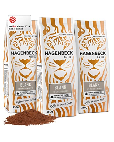 Hagenbeck Blank 3x250g (750g) | Entkoffeinierter, gemahlener Kaffee mit mild-feinem Aroma | 100% schonend geröstete Arabica-Kaffeebohnen | Leichte Intensität | Gemahlen, koffeinfrei von Hagenbeck Kaffee