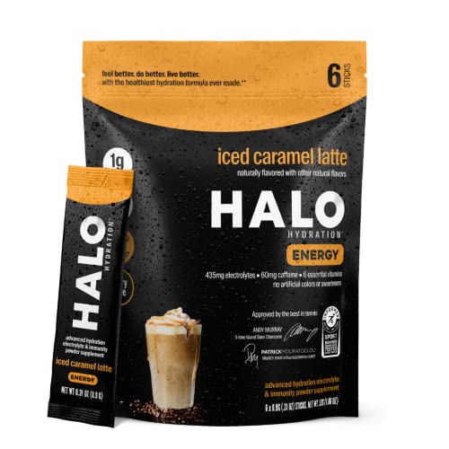 HALO Iced Caramel Latte - Instant Energy Getränkepulver - Gesunde Kaffeemischung zur Hydration mit Elektrolyten, Koffein, Vitaminen und Mineralien - 20 Kalorien - Keto und kalorienarm - 1 x 6 Sticks von HALO Sport